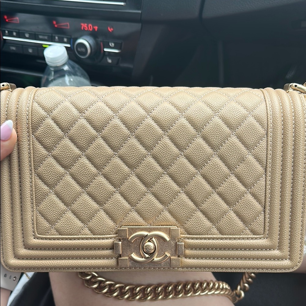 CHANEL Tan Quilted Shoulder Bag with Gold Chain